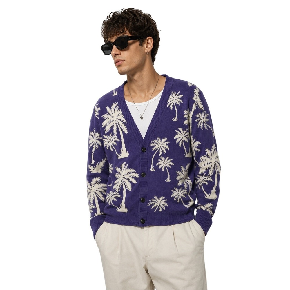 BoohooMAN Palm Tree Cardigan Purple White V Neck Button Down Men's‎ Size S